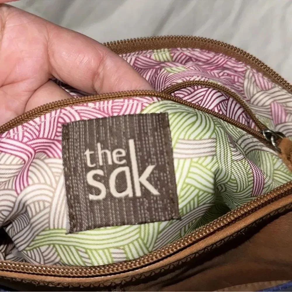 The Sak Blue Brown Gold Trim Genuine Leather Hobo Purse